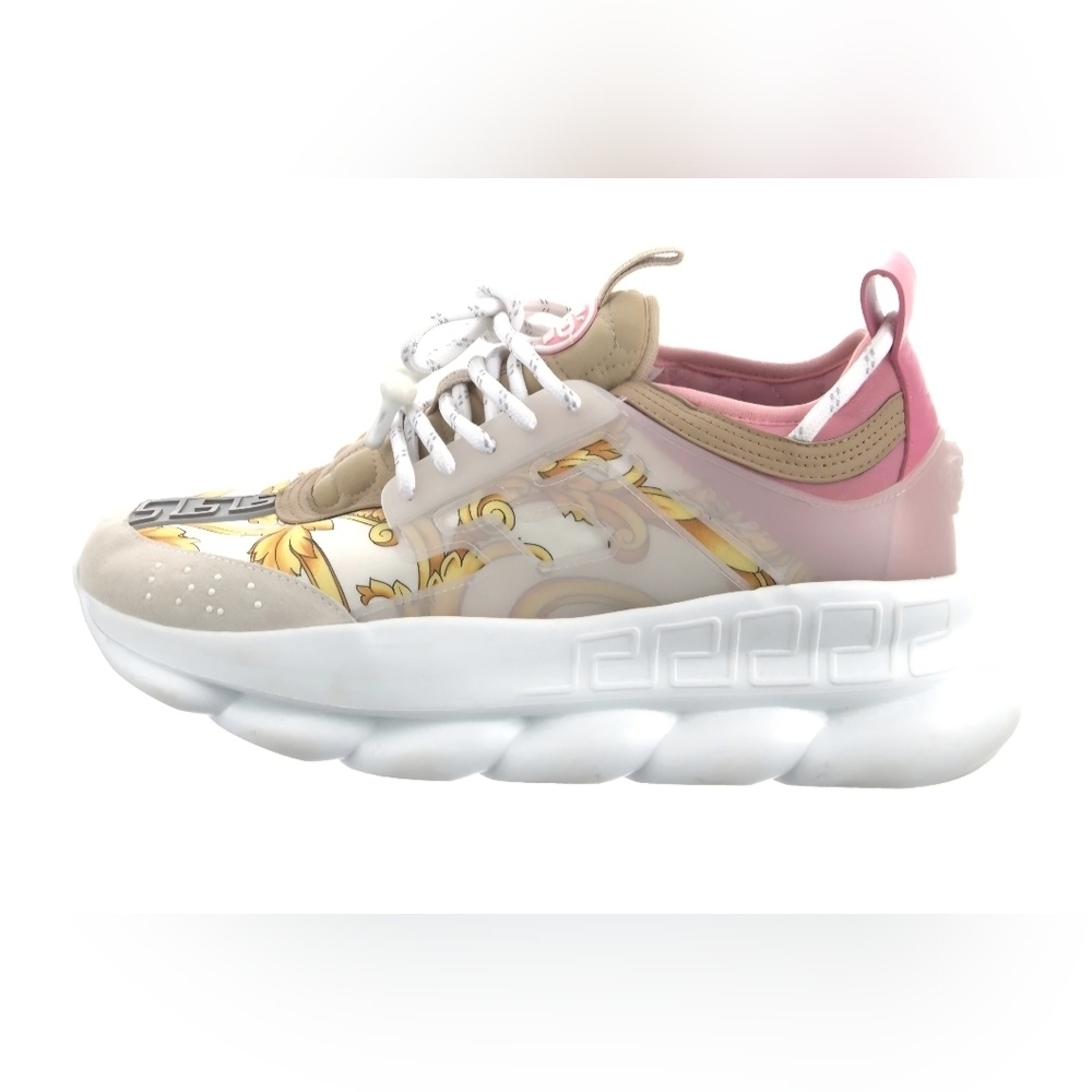 Versace Gold Hibiscus Baroque Print Pink Chain Reaction Trainers EU 37 US Wmns 7 - Picture 6 of 9